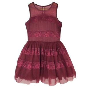𝅺nanette Lepore Girls Dress Gown Size 16 Burgundy Wine Red Formal Lace Tulle